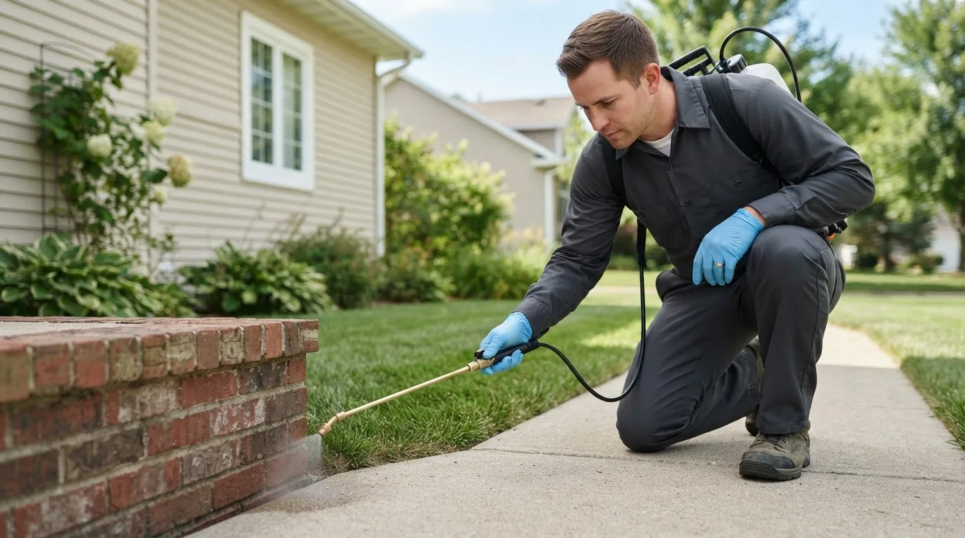 Pest control technician treating a home near South Sutton, NH